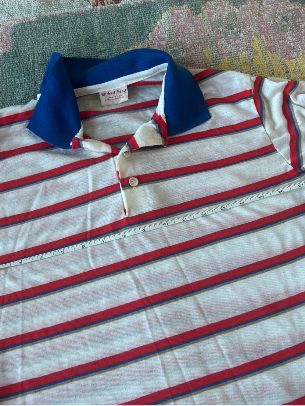 Vtg Michael Scott Polo Shirt M Red Blue Striped Slim Retro 80s Patriotic USA - Picture 7 of 8